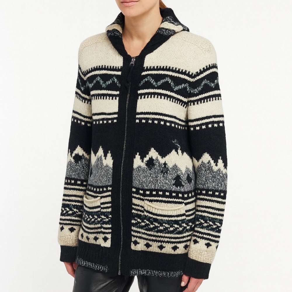 American Eagle Sweater Alpine Front Zip Shacket Relaxed Black Cream Green XS
